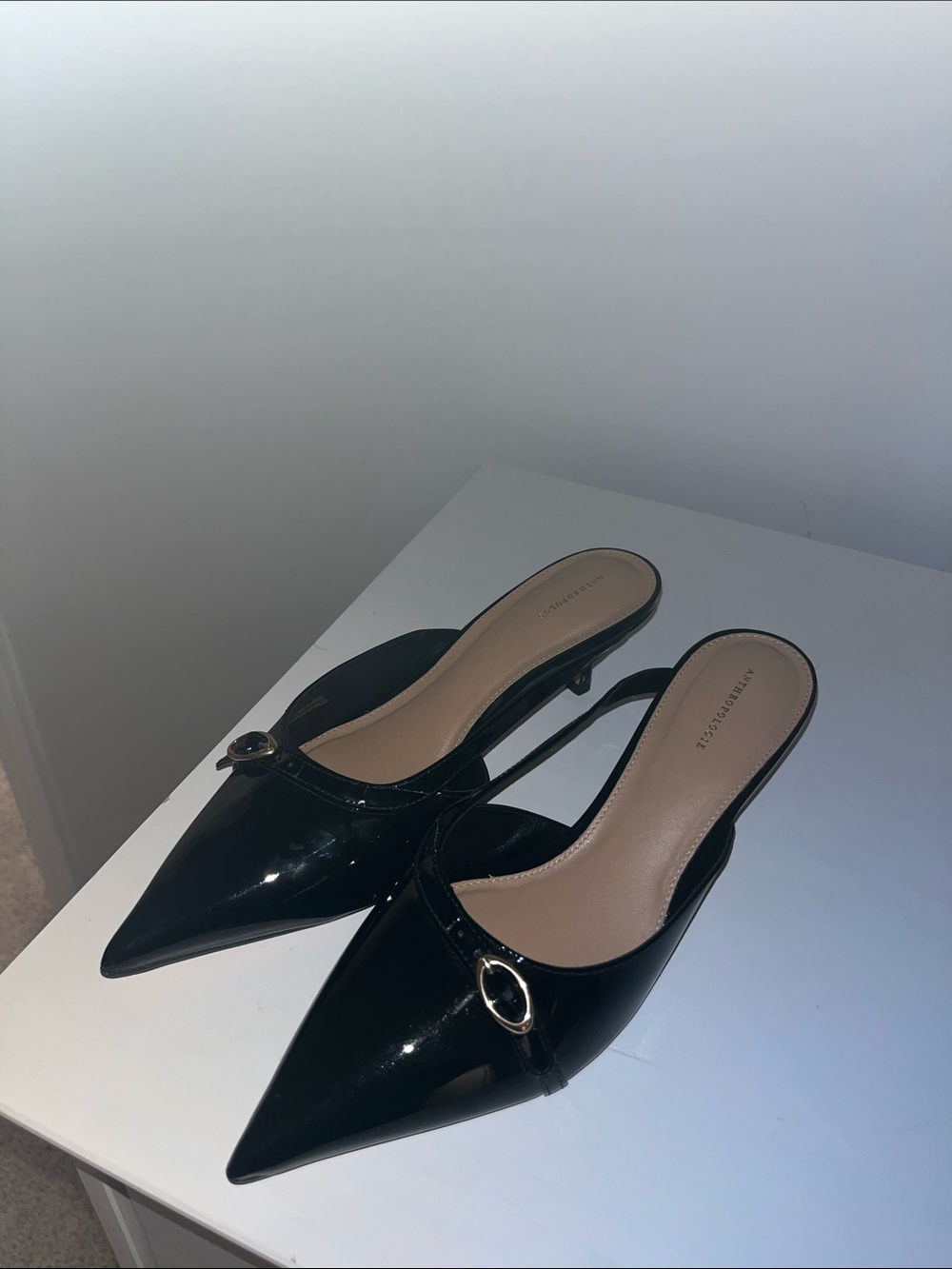 Anthropologie Black Patent Pointed-Toe Slingback Mules with Gold Buckle - Picture 5 of 11